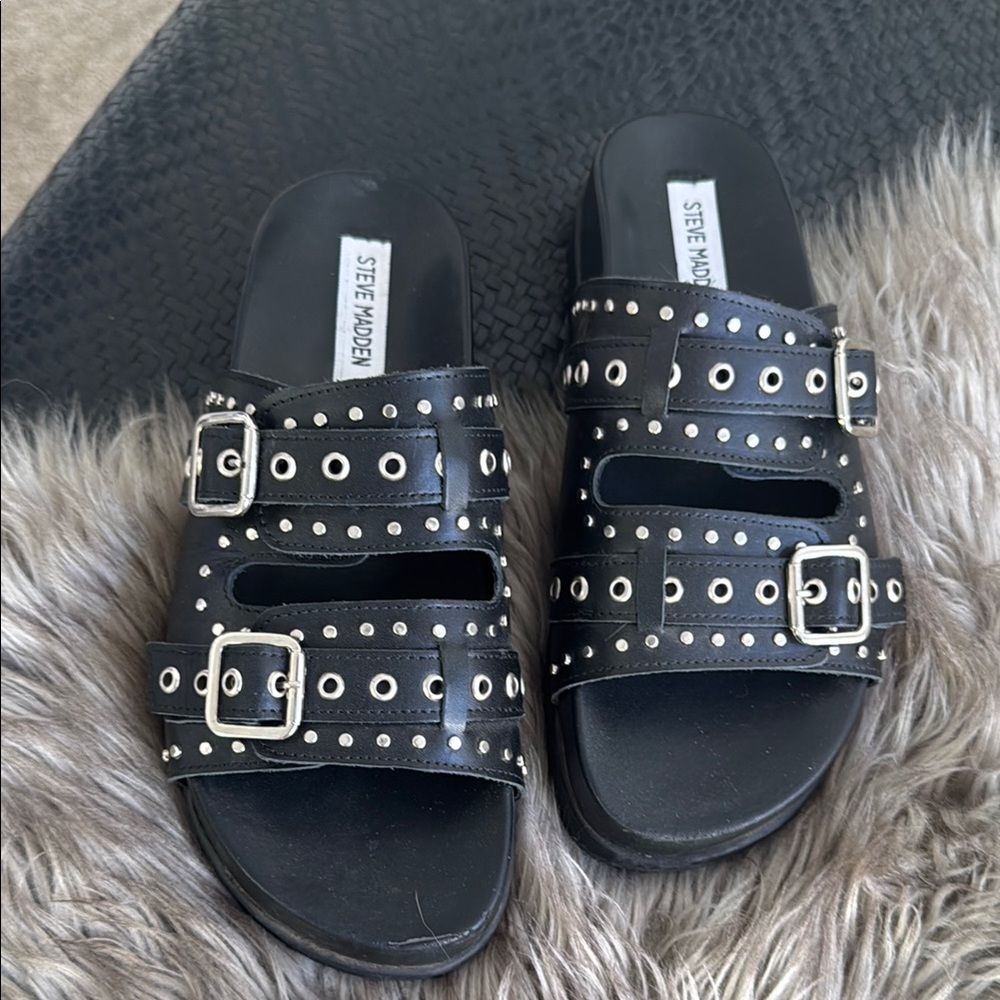 Steve Madden Black Slide Sandals with Silver Accents